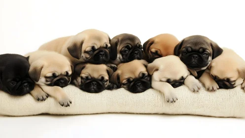 Snuggly pug puppies napping together on a cozy cushion.
