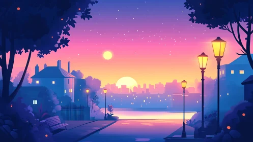 Twilight riverside cityscape with lamppost array and gradient sky.