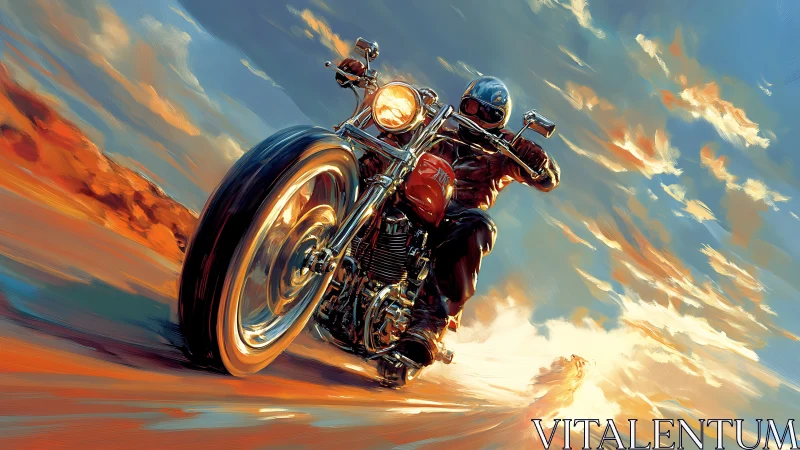 Sunlit desert rider charging through blazing highway skies.