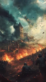 Medieval stone citadel under siege by modern infantry assault