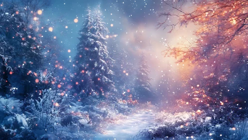 Iridescent winter forest clearing with luminous snowfall glow
