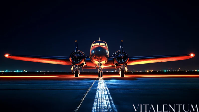 Vintage propeller airliner glows over neon runway at night.