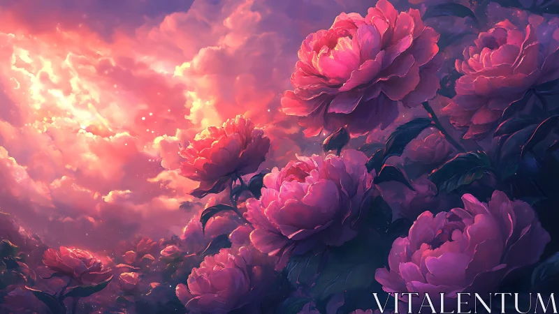 Peonies Blooming in Radiant Sunset Skies.