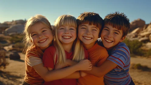 Four joyful children embracing beneath desert sunlight.