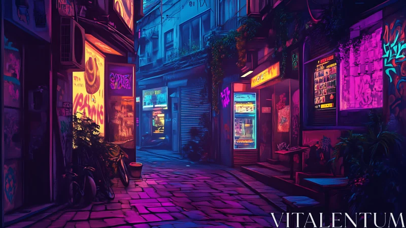 Neon-soaked backstreet glows with cyberpunk nightlife energy.