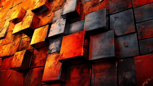 Abstract 3D Cubes Wall with Grunge Texture in Fiery Colors.