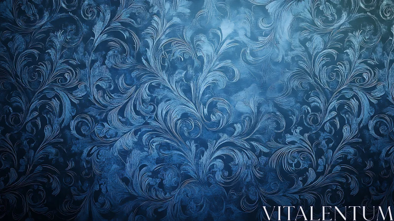 Ornate blue damask swirls create a cool, elegant backdrop