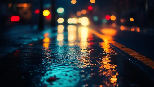 Wet urban street with blurred night traffic reflections.