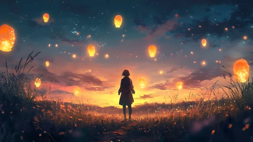 Girl watches glowing sky lanterns drift across dusk field