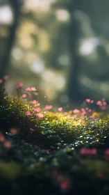 Forest floor wildflowers under cinematic bokeh light.