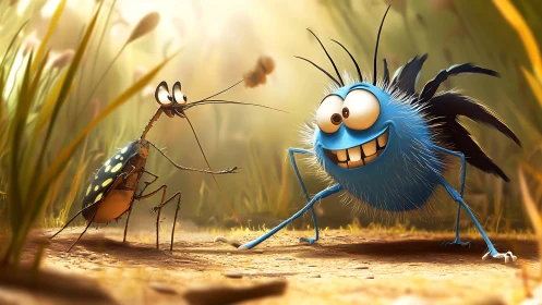 Goofy blue bug and tall insect meet on forest path.