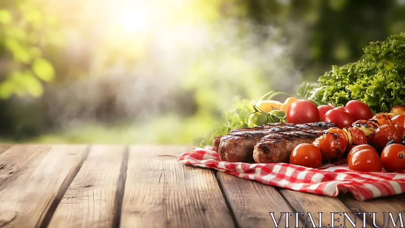 Grilled meat and vegetables on rustic table in summer light.