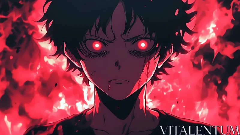 Intense anime portrait with infernal red energy and focus lighting.