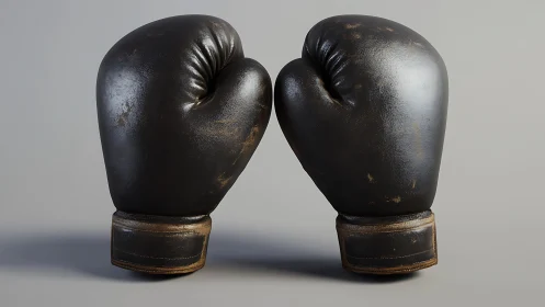 Pair of vintage black leather boxing gloves with aged metallic details