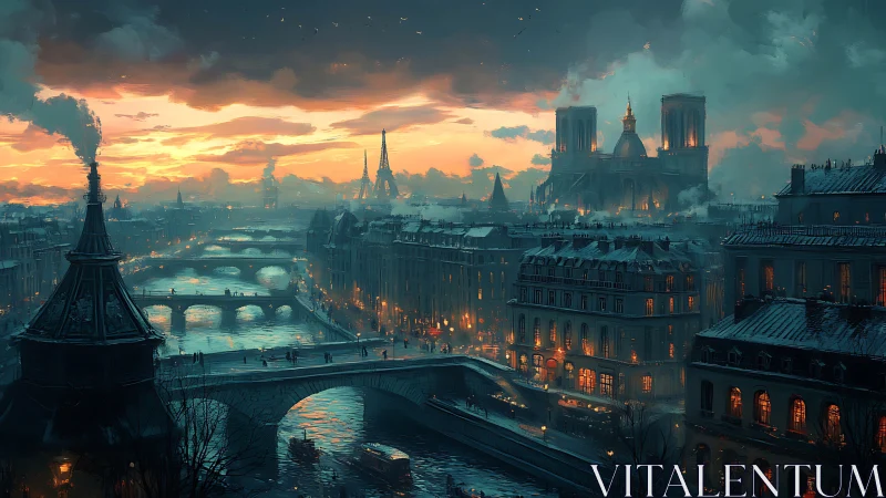 Cinematic winter cityscape renders atmospheric sunset over river