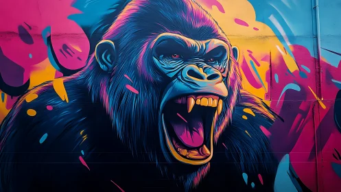 Neon gorilla mural roars amid electric pink and cyan spray