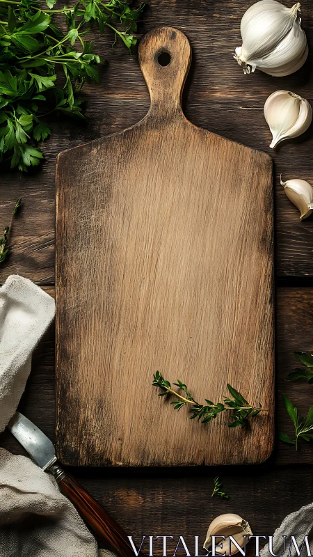 Rustic wooden cutting board framed by herbs and garlic.