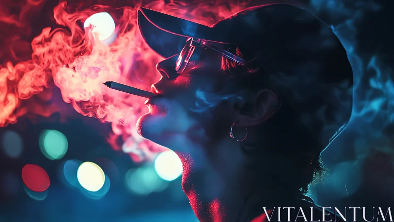 Neon-lit profile portrait with cinematic vapor clouds at night.