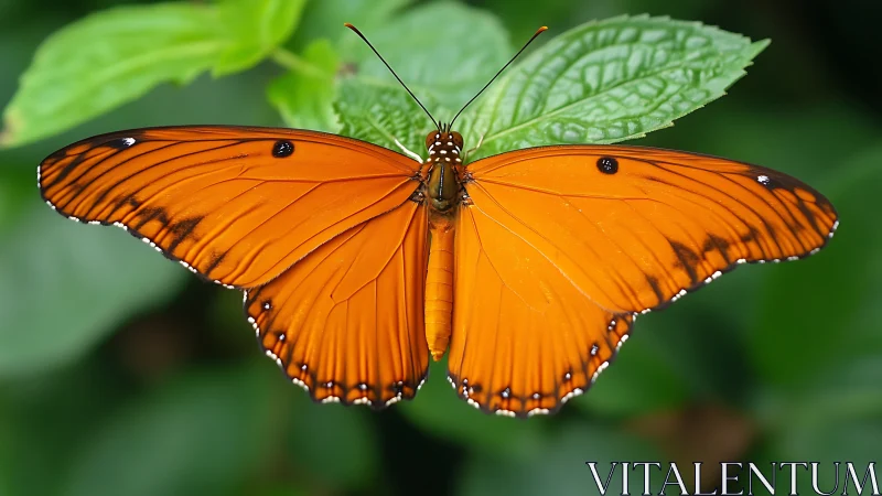 Orange butterfly rests on green leaf with wings fully spread
