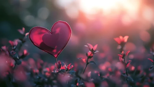 Crystalline Red Heart Among Pink Flowers