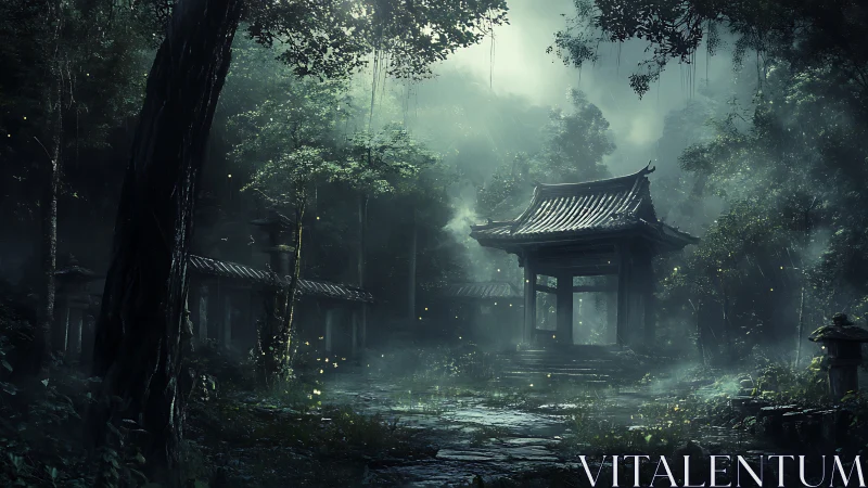 Misty Asian Pavilion. Ethereal forest sanctuary shrouded mist.