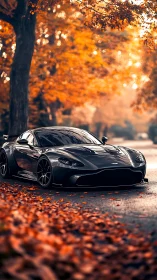 Sports car is parked on a tree-lined street in autumn