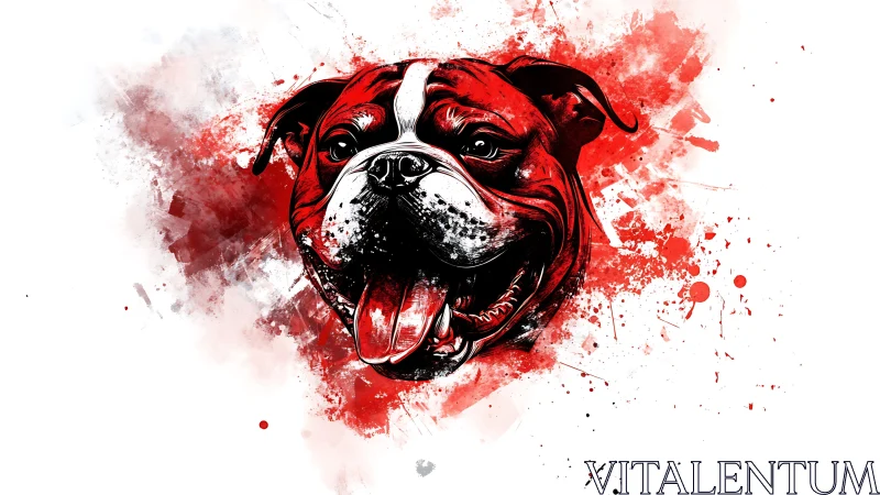 Energetic red bulldog portrait in expressive ink splatter.