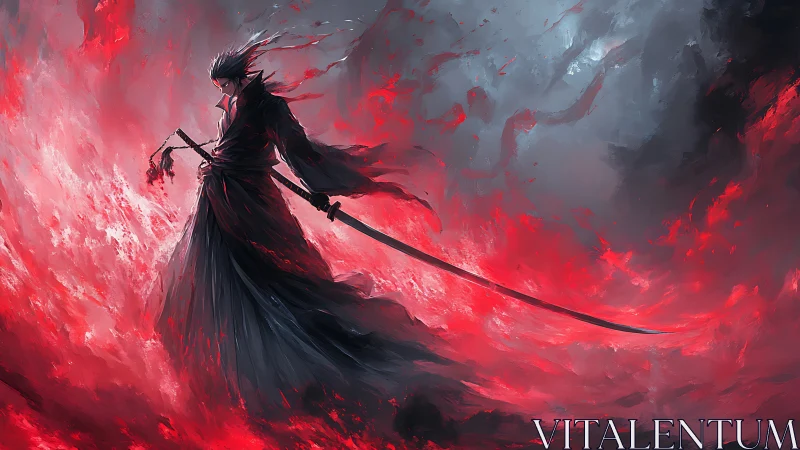 Lone dark swordsman stands within a roaring storm of crimson fire