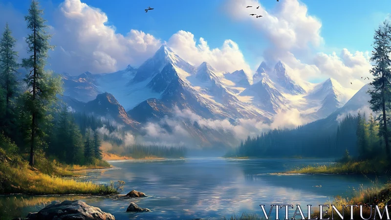 Sunlit alpine lake reflects soaring snow peaks in mist