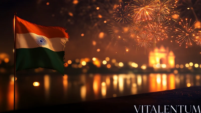 Indian flag waves beside city waterfront under fireworks