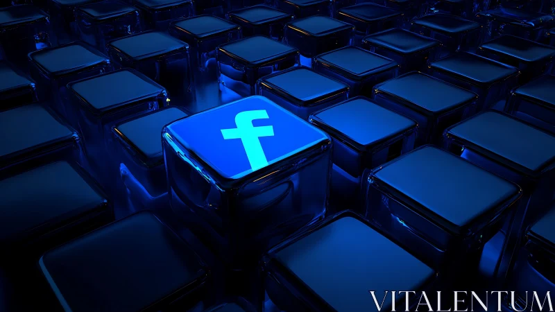 Illuminated blue social media cube rendered in glossy 3D grid