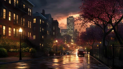 Rain-washed city street glows under a warm sunset sky.