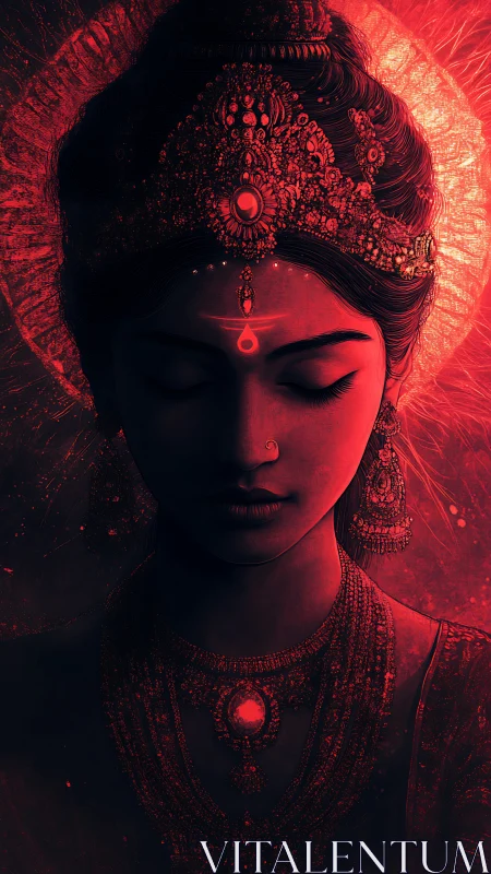 Divine red portrait of serene goddess in jeweled radiance.