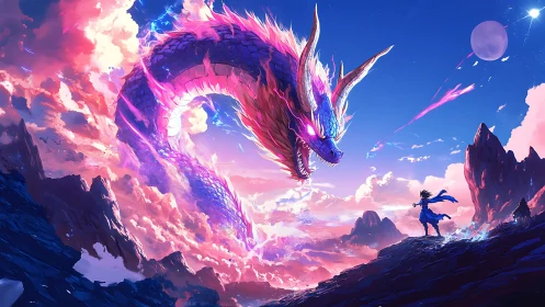 Celestial dragon arcs above lone warrior in glowing dusk sky