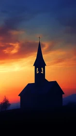 Rural chapel silhouette cuts vivid orange and blue sunset sky