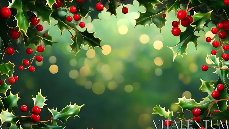 Christmas holly branches frame soft green bokeh background