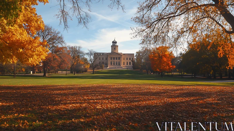Neoclassical campus hall framed by symmetric autumn canopy.