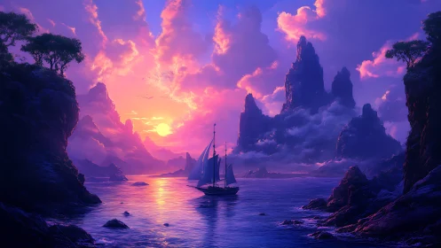 Sailing vessel crosses violet sunset bay between misted spires