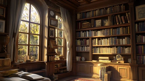 Sunlit traditional library interior with tall wooden shelves.
