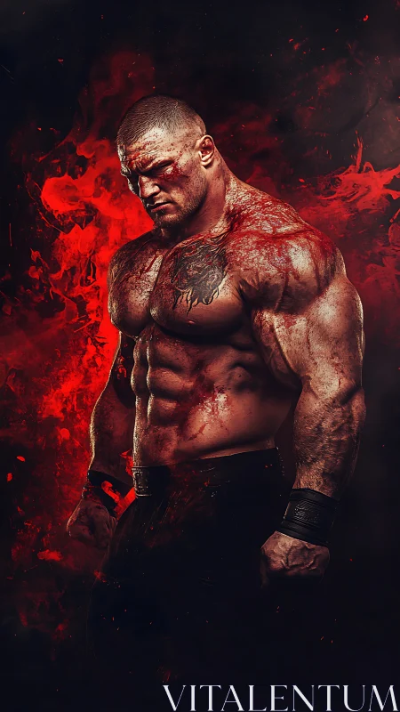 Scarred titan exhales fury in a storm of molten crimson smoke