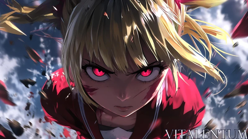 Fierce anime heroine racing through a storm of sky shards.