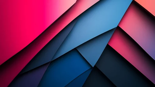 Abstract geometric artwork with layered pink and blue shapes.