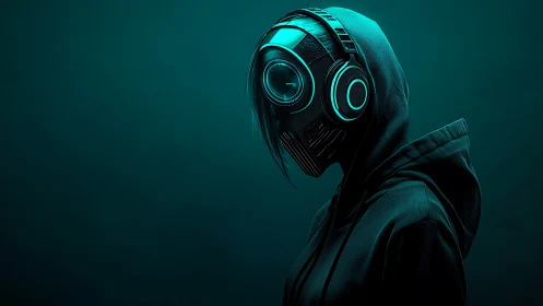 Neon hooded wanderer in a quiet teal cyberpunk glow.