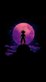 Silhouetted warrior stands on rocky peak before violet moon