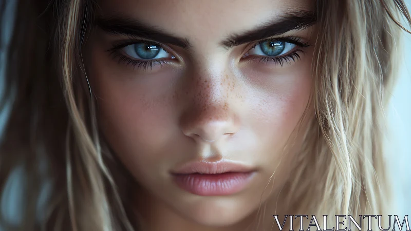 Hyperreal close-up portrait isolates intense blue gaze and skin