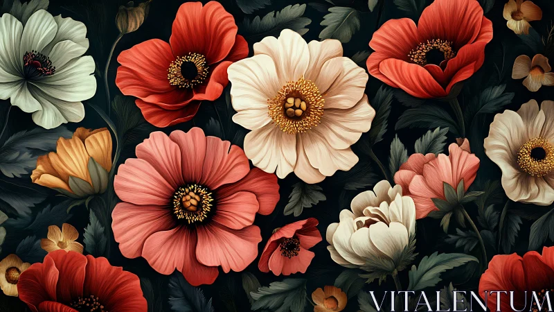 Layered Florals on Dark Ground. Botanical Digital Illustration.