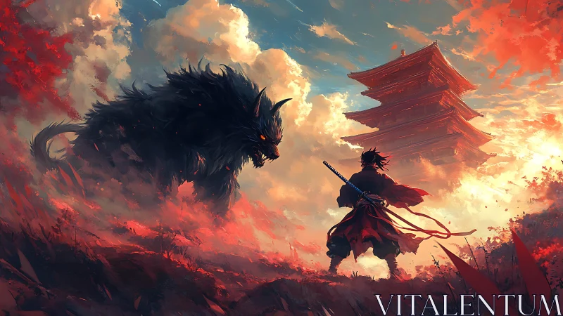 Samurai confronts ember-eyed beast beneath drifting temple.