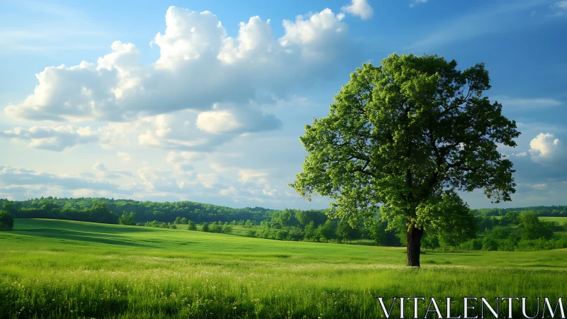 Single green tree stands in bright sunlit grassy meadow