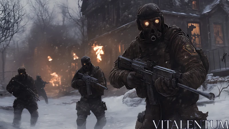 Paramilitary operators advance through burning snowbound village