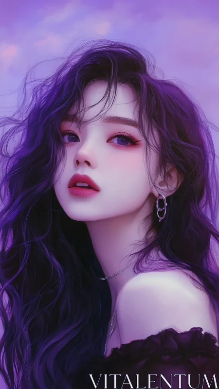 Violet haired woman gazes back under soft lavender sky